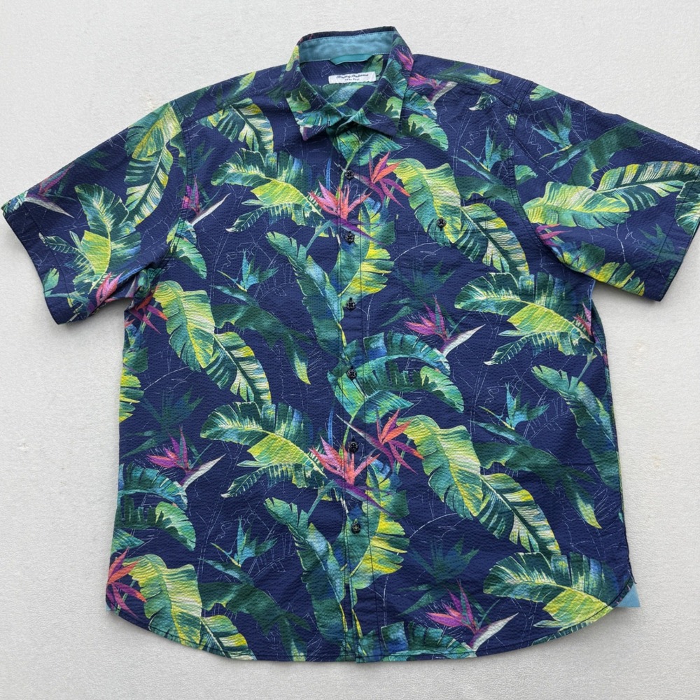 Tommy Bahama Nova Wave Shirt Mens L Blue Tropical Bird of Paradise Seersucker - Picture 2 of 9